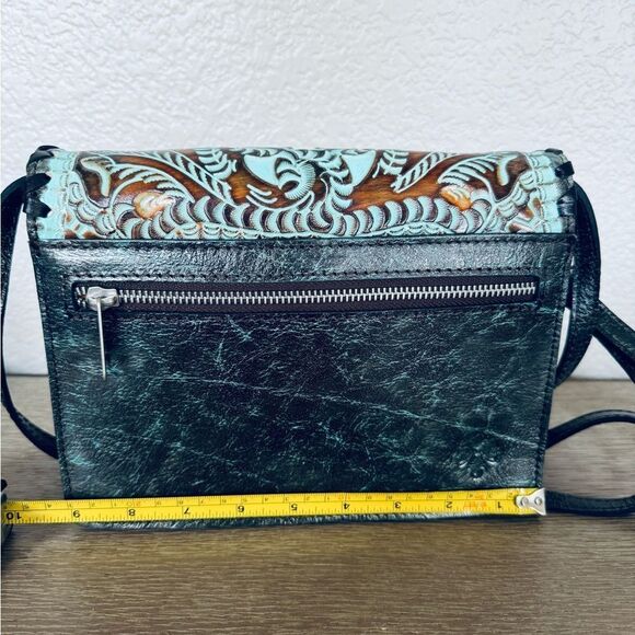 Patricia Nash Lanza Turquoise Blue Brown Floral Tooled Crossbody Purse Bag - Picture 2 of 7